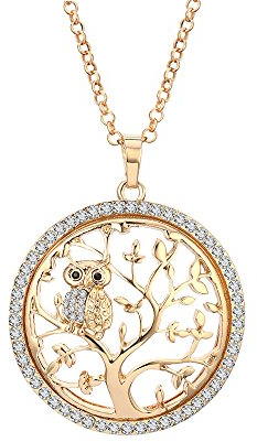 Ouran Collier de mode pour les femmes, arbre de vie avec pendentif hibou, cristal CZ, chaîne longue, brillant strass (Plaqué or)