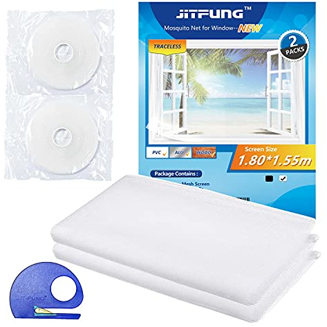 JIT-FUNG Mosquitera para Ventanas, Malla Ajustable 180x155cm Recortable al Tamaño, Protección contra Insectos y Moscas, con Cintas Autoadhesivas y Cuchillo (Blanco, 2 Juegos)