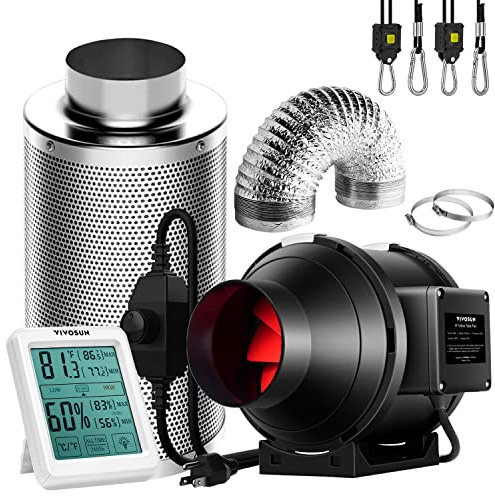 VIVOSUN Ventilateur tubulaire en ligne 100 mm 323 m³/h avec régulateur de vitesse 100 mm Filtre à charbon actif 240 cm Canal d'air Température Humidimètre pour la ventilation de la tente de croissance