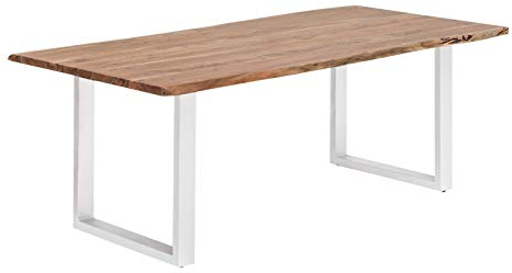 Woodkings Esstisch Bullwer 140x90 aus Holz Akazie I Massivholz Tisch,it weißem Metallfuß I Küchentisch mit Baumkante Esszimmermöbel