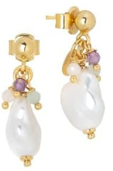 Orecchini con perla scaramazza e ciuffetto di perle tonde, ametista, acquamarina, quarzo rosa e morganite pink