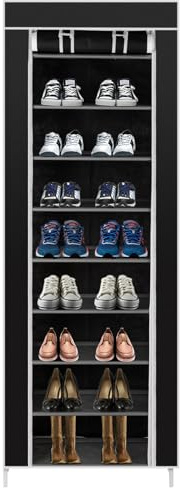 Outvita Rangement Armoire Tissu Meuble à Chaussures, Armoire Étagères à Chaussures avec Housse 9 Couches - 58x29x160cm, Noir