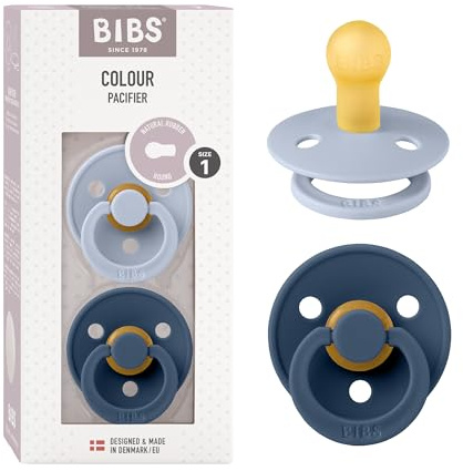 BIBS Colour Soother 2-Pack, BPA Free Dummy Pacifier, Round Nipple. Natural Rubber Latex, Made in Denmark. 0-6 Months (Pack of 2), Dusty Blue/Steel Blue