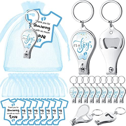 Wesiti 36 Sets Baby Shower Favor for Guests Boy Keychain with Nail Clipper and Bottle Opener Thank You Tag Card Organza Bag