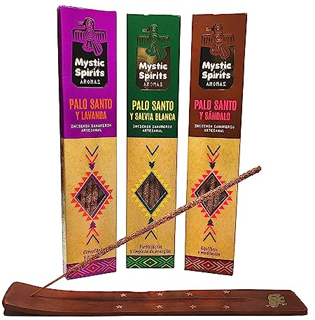 Aromasenses.- Pack 3 inciensos Sahumerios Mystic Spirit | 3 cajetillas con 8 Varillas de Incienso Cada una + Tablilla Aromsenses (Palo Sandalo-Palo Salvia-Palo Lavanda)
