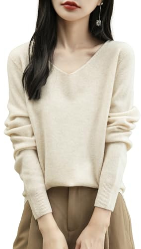 Chanyarn Women's 100% Merino Wool V-Neck Pullover Sweater 2025 Fall Winter Warm Soft Long Sleeve Seamless Knit Cashmere Style Sweater (Beige,S)