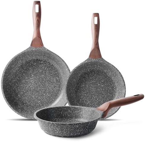 RIOVARM Antiaderente Set di padelle Induzione Set di padelle con manico resistente al calore In granito Padella per omelette senza PFOA In marmo Set di pentole Adatto a vari fornelli 20cm 24cm 28cm