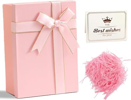 Geschenkbox mit Deckel Geschenkverpackungskasten mit Grußkarten Geschenkschachtel mit Schleife Gift Box Geeignet für Vatertag Geburtstagsverpackung Ostern Valentinstag und Muttertag Weihnachten Rosa