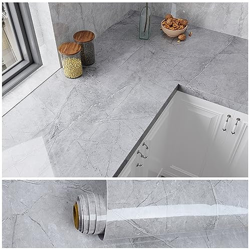 VEELIKE Light Grey Marble Effect Wallpaper 40cm x 900cm Glossy Marble Vinyl wrap for Kitchen worktop Covering Vinyl self Adhesive Bathroom Wallpaper Waterproof Sticky Back Plastic Removable