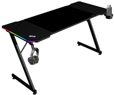 MARSGAMING MGD-X140RGB, Scrivania Gaming Ergonomica, Illuminazione ARGB con Telecomando, Fibra di Carbonio, Tappetino XXL, Supporto Cuffie e Bevande, Gestione Cavi, Scrivania Gaming 140x60cm, Nero