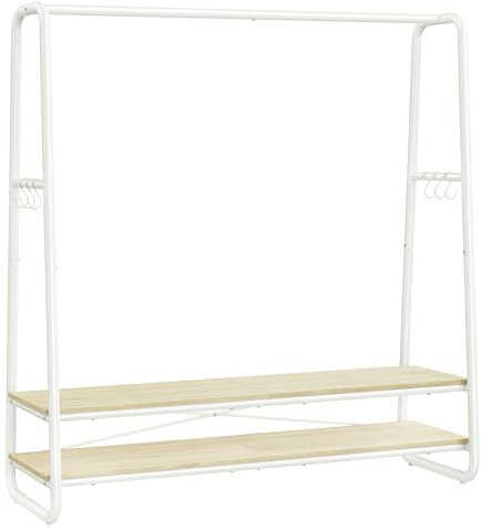 VASAGLE Kleiderständer, Garderobenständer, Garderobe, 2 Ablagen, 6 Haken in S-Form, Stahlgestell, 45 x 138 x 160 cm, für Schlafzimmer, Flur, Eingangsbereich, naturbeige-mattweiß RGR119W09