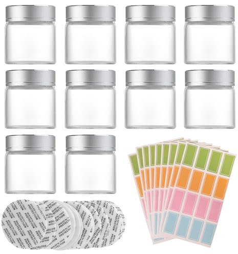 12 Stück 50ml Einmachgläser mit Deckel, Kleine Gläser mit Etiketten, Marmeladengläser Behälter, Glas Leerdose, Glas Döschen Glastiegel, Durchsichtige Glasflaschen, für Creme, Salben, Kräuter, Gewürze