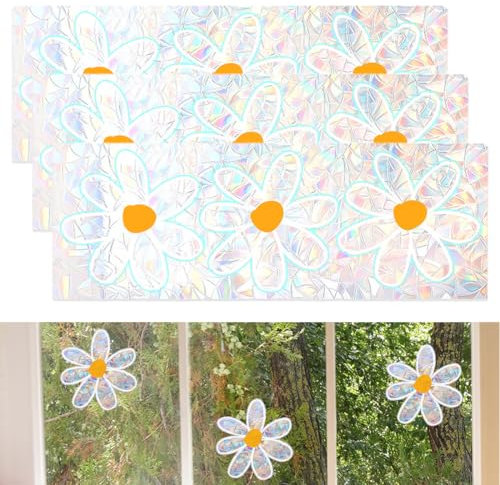 WUSJCOF Sonnenfänger Fensteraufkleber Blumen 3 Stück, Fenstersticker Anti-Kollision, Prisma Suncatcher Sticker, Regenbogen Effekt, Glastüren Dekoration