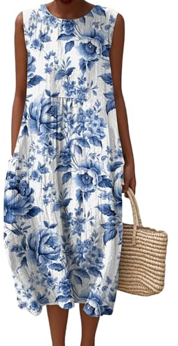 Robe Été Femme Grande Taille Fleurie Lin Sans Manches Trapèze Coton Ample Col Rond Longue Fluide Décontractée Bohème Tunique Élégante Chic Casual Vacances de Plage en Tendance éTé Casuel Leurs Robes