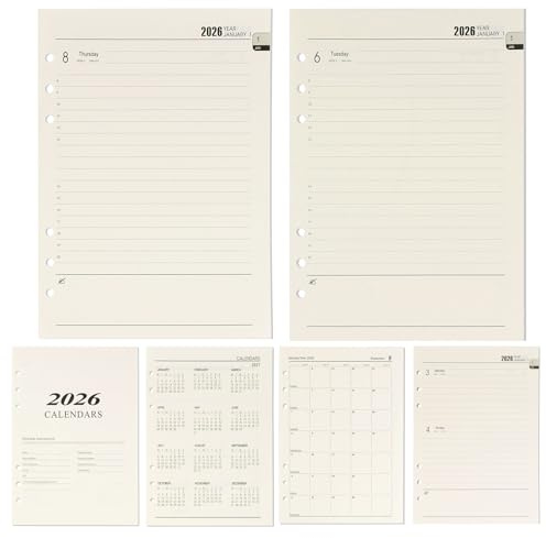 2026 Planificateur Hebdomadaire Insert A5, 2026 Planificateur Hebdomadaire Insert A5 6 Trous, 176 Pages Insert Calendrier 2026, 139x206mm Papier de Remplissage pour Planificateur, Journaux, Projets
