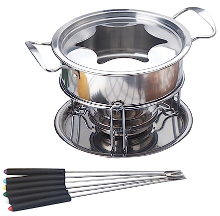 Zerodeko Fonduta Cioccolato in Acciaio Forno Resistente con Bruciatore Gel Protezione Schizzo e Forchette Colorate per Cucina Professionale e