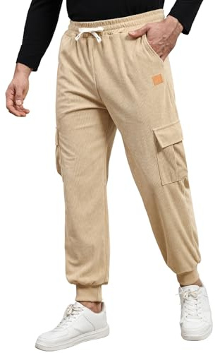 Suwangi Joggingbyxor för män, manchester, cargobyxor, manchester, lediga manchesterbyxor med flera fickor, kaki, L