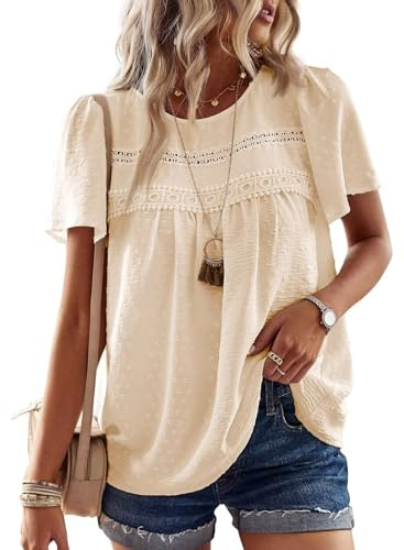 TUUHAW topp damer sommar boho blus kortärmade toppar flödande elegant rund hals t-shirt tunika lediga kläder spetskläder