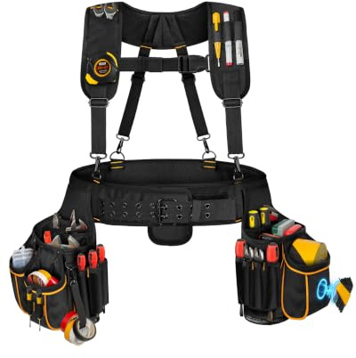 Marscamd Tool Belt with Suspenders & Pouches, Heavy Duty Work Belt, Black