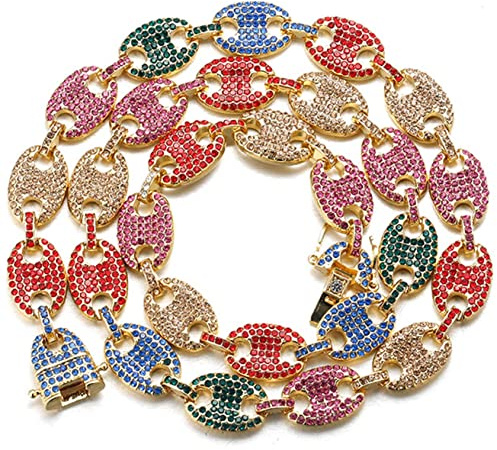 HALUKAKAH Diamond Gold Chain for Men Iced Out,13MM 18k Real Gold Plated Rainbow Coffee Bean Chain Necklace 60cm,Multicolor Lab Diamonds Prong Set,with Free Giftbox