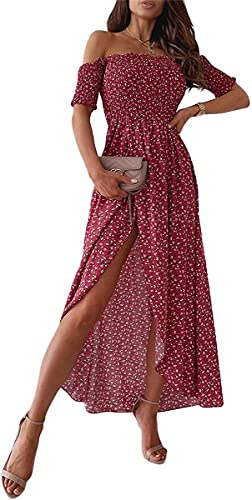 Minetom Robe d'été/de Plage pour Femme Robe en Mousseline de Soie à Motif Floral avec épaules dénudées et Fente Avant J Rouge L
