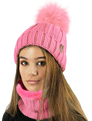 TOSKATOK Dames Femmes Hiver Rib Seed Stitch Beanie Bobble Chapeau avec Doublure en Polaire Confortable Chaud et Fausse Fourrure Pom Pom-Taille Unique-Rose Ensemble