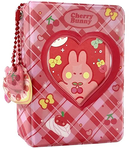 runrayay Pink Rabbit Kpop Photocard Binder with Pendant, 3 Inch Love Heart Hollow Photocard Holder Book Sleeves, 40 Pockets A5 Binder Mini Photo Album for Business Card Holder