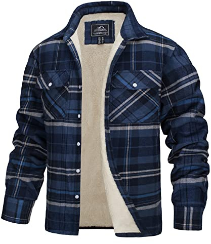 TACVASEN Hommes Chemise en Polaire Hiver Blousons de Travail Chemise de Bûcheron avec Poches Boutons Décontracté Blousons en Plaid,Bleu Gris