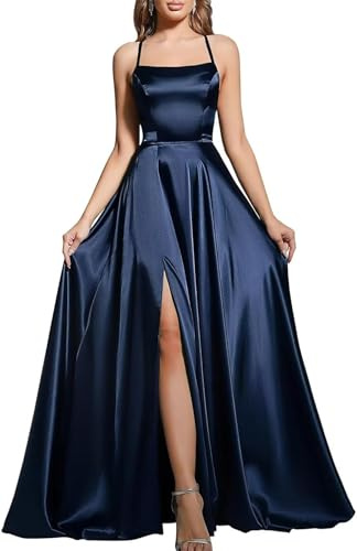 Babyonline D.R.E.S.S. Robe de Bal Longue avec Bretelles Robe de Soirée Chic pour Mariage Dos Nu Fendue en Satin Bleu Marine 34