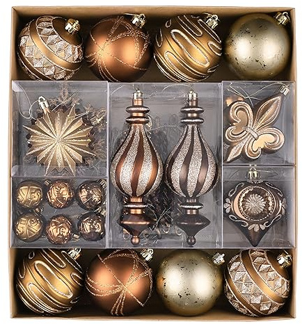 Valery Madelyn Ornaments for Christmas Trees, 60ct Bronze Copper Brown and Gold Shatterproof Christmas Tree Decorations, Luxury Hanging Ball Ornaments Bulk for Thanksgiving Autumn Harvest Decor