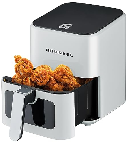 Grunkel - Freidora aire - Air Fryer - 4 Litros y 7 programas. WEF. Panel de control digital Multifunción y ventanal visualización retroiluminada. Temporizador 60 minutos - Freidora sin aceite (Blanco)
