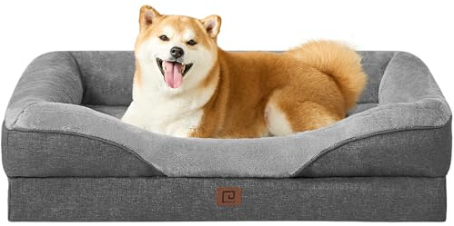 EHEYCIGA Memory Foam Dog Beds Large, Orthopedic Dog Beds Sofa with Sides and Waterproof Liner, Pet Couch with Washable Removable Cover and Non-Slip Bottom, 89x56x16cm, Dark Grey