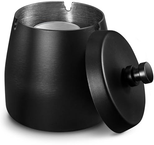 Zeawavsl Aschenbecher mit Deckel, Aschenbecher für Draussen, Windaschenbecher aus Edelstahl, Schwarz Standaschenbecher für Draußen und Innen