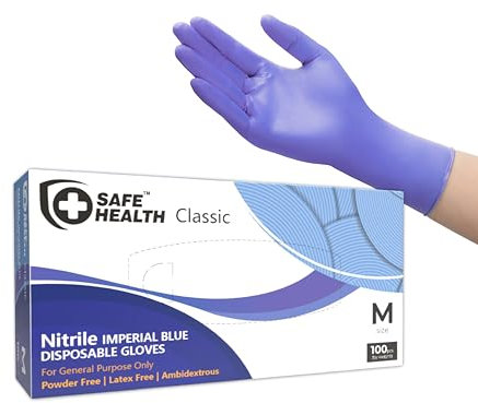 Safe Health Gants jetables en Nitrile Taille M moyenne Bleu Impérial, Boîte de 100 gants, Sans poudre Sans latex Hypoallergéniques, Bricolage Cuisine Nettoyage Vaisselle Labo, 3 Mil
