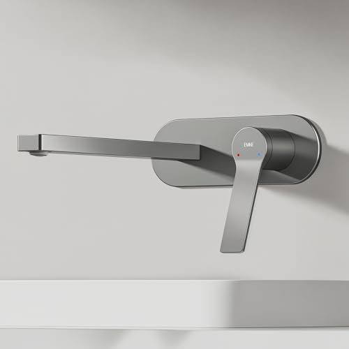 EMKE Waschtischarmatur Unterputz, Anthrazit Matt, 2-Loch Wandmontage Wasserhahn mit Luftsprudler, Wasserhahn Bad Unterputz für Waschbecken und Badewanne, Einhebelmischer 28,8 x 21 x 7 cm