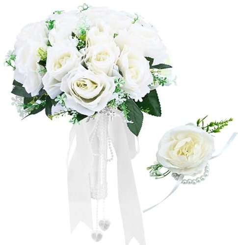 PORUPAEL Brautstrauß Hochzeits Künstliche Rosen Blumen mit Handgelenk Blume Realistische Seidenrosen Rosen Braut Brautstrauß Falsche Rosen Blumenstrauß für Haus Hochzeit Party Dekoration (Weiß A)