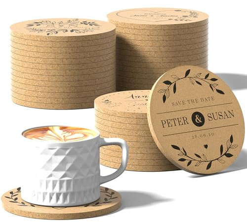 Shueewago Lot de 30 à 100 sous-verres en liège personnalisés pour boissons, ronds de 10,2 cm, cadeaux de mariage pour invités, dessous de verre personnalisés en vrac avec texte, image ou logo gravé au