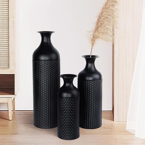 Large Black Vases, 27/20/16.5 Inch Tall Floor Vase, Set of 3 Modern Honeycomb Texture Metal Flower Vase for Living Room Home Corner Hallway Decor