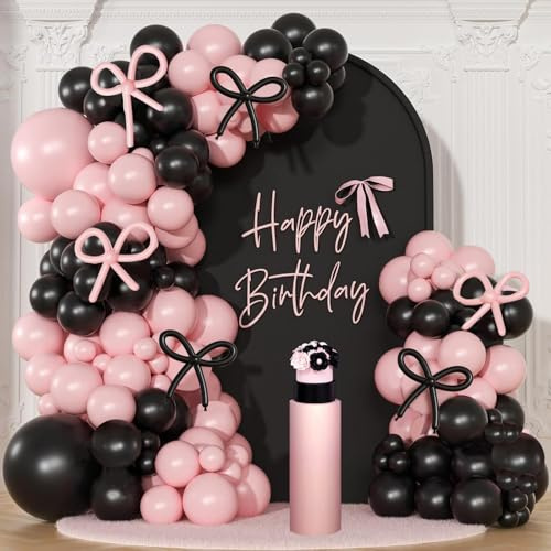 Kit Arche Guirlande Rose Noir - 114 Pièces Arche Ballon Noir avec Latex Ballons Rose et Longs, Pink Décoration pour Anniversaire, Mariage, Baby Shower, Baptême Garçon, Fête Prénatale, Fiançailles