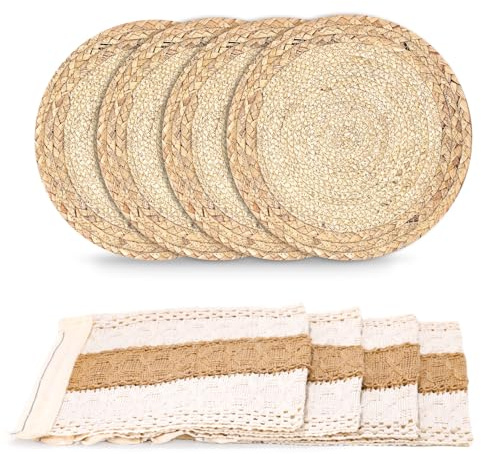 Zaxiva Juego de Manteles Individuales Boho de 4, Tapetes Salvamanteles Tejidos a Mano de Colores Tela Arpillera Natural con Borla, para Bodas en Granjas, Decoración de Mesas de Comedor, Cocina Casera