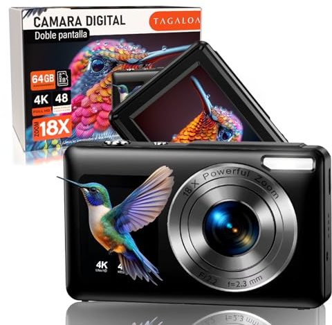| TAGALOA® Camara Digital De Doble Pantalla con 48 MP + Tarjeta SD 64GB + Bolsa De Transporte | Zoom Digital 18X | Camara De Fotos | Camara De Fotos Digital | Cámara para Niños (Retro)