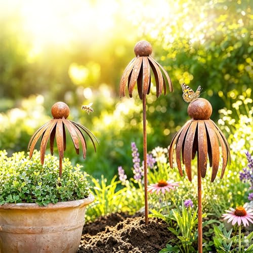 JACKANNA Set di 2 decorazioni per giardino in acciaio corten, decorazione da giardino in metallo, fiore di papavero, teleopea, decorazione da giardino, griglia per aiuole, spina in ruggine naturale (A
