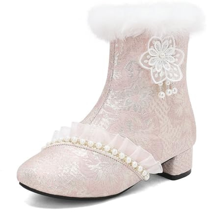 Botas de nieve retro Lolita para mujer, de encaje, con cremallera lateral, puntera redonda, tacón de bloque, cálidas, para invierno, Pink, 39 EU