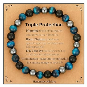 AstraGlam Crystal Beaded Bracelets for Women Men, 8mm Triple Protection Blue Tiger Eye Black Obsidian Hematite Bracelet, Strength, Protection Balance for Men & Women, Gifts for Christmas, Birthdays