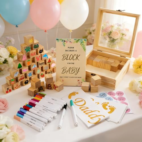 HZOUHONG Juego de 86 carteles con 48 cubos para pintar para baby shower, 24 rotuladores de pintura acrílica, 10 pegatinas de género, 2 bandas, 1 cartel y caja