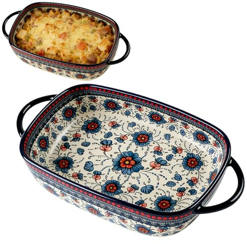 Teglia da forno in ceramica, 600 ml, rettangolari, 19,5 x 13 cm, in ceramica, con manici per lasagne, carne, verdure, per friggitrice ad aria calda, forno, microonde
