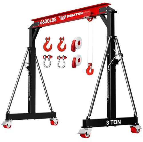 BSMTEK 3 Ton Gantry Crane 6600lbs Capacity, 3 Ton Manual Trolley, 9.06FT Max Width, Portable Shop Crane with 8.53-12.47 FT Adjustable Height for Factories, Warehouses, Auto Repair, Red-2026 Upgrade