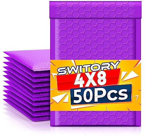 Switory Farbige Luftpolstertaschen 4x7 Zoll, 50 Stück, Gepolsterte Versandbeutel in Lila, Selbstklebend & Reißfest, Kleine Versandtaschen für Schmuck, Handmade Produkte & Accessoires
