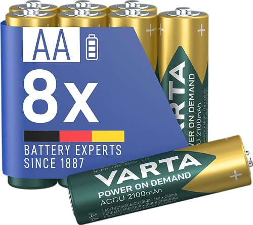 VARTA Pilas AA, recargables, paquete de 8, batería recargable, Power on Demand, 2100 mAh Ni-Mh, precargadas, listas para usar