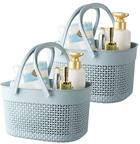rejomiik 2 Pack Plastic Shower Caddy Basket, Portable Organizer Storage Tote with Handles Toiletry Bag Bin Box for Bathroom, College Dorm Room Essentials, Kitchen, Camp, Gym, Blue